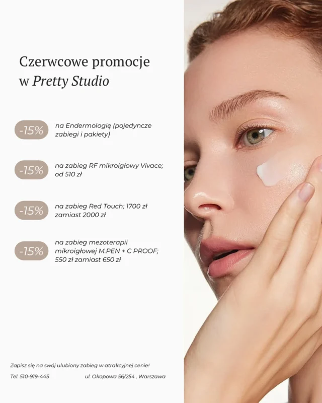 Czerwcowe promocje w Pretty Studio:

▫️-15% na Endermologię (pojedyncze zabiegi i pakiety);

▫️-15% na zabieg RF mikroigłowy Vivace; od 510 zł;

▫️-15% na zabieg Red Touch; 1700 zł zamiast 2000 zł;

▫️-15% na zabieg mezoterapii mikroigłowej M.PEN + C PROOF; 550 zł zamiast 650 zł.

Serdecznie zapraszamy do skorzystania z naszych promocji i zadbania o swoje piękno w wyjątkowych cenach🤍

📞Tel. 510-919-445
📍ul. Okopowa 56/254, Warszawa